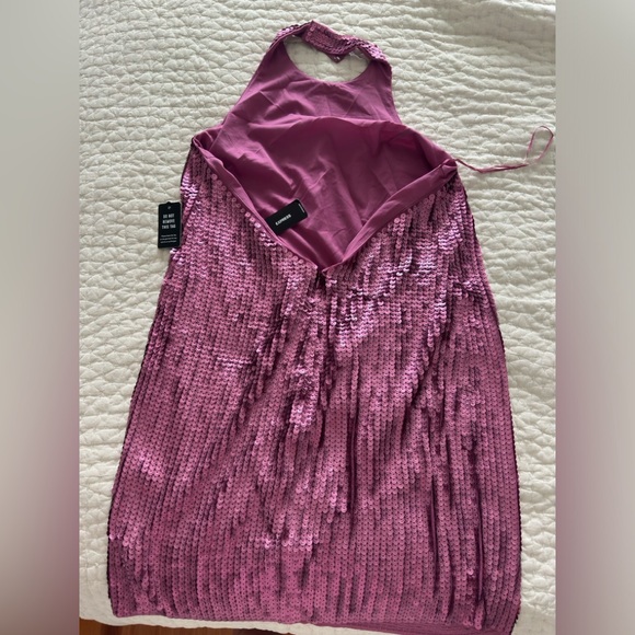 PRICE FIRM Mardis Gras Purple Matte Sequin Backless Halter Mini Dress LG - Picture 5 of 6